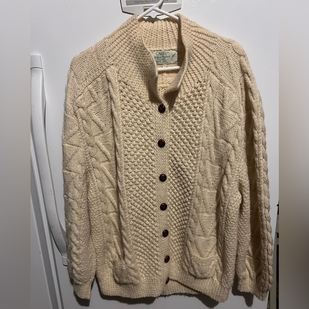 Vintage Quill's Woollen Market Cream Irish Fisherman Cardigan Sweater Wool XL. - Picture 2 of 14